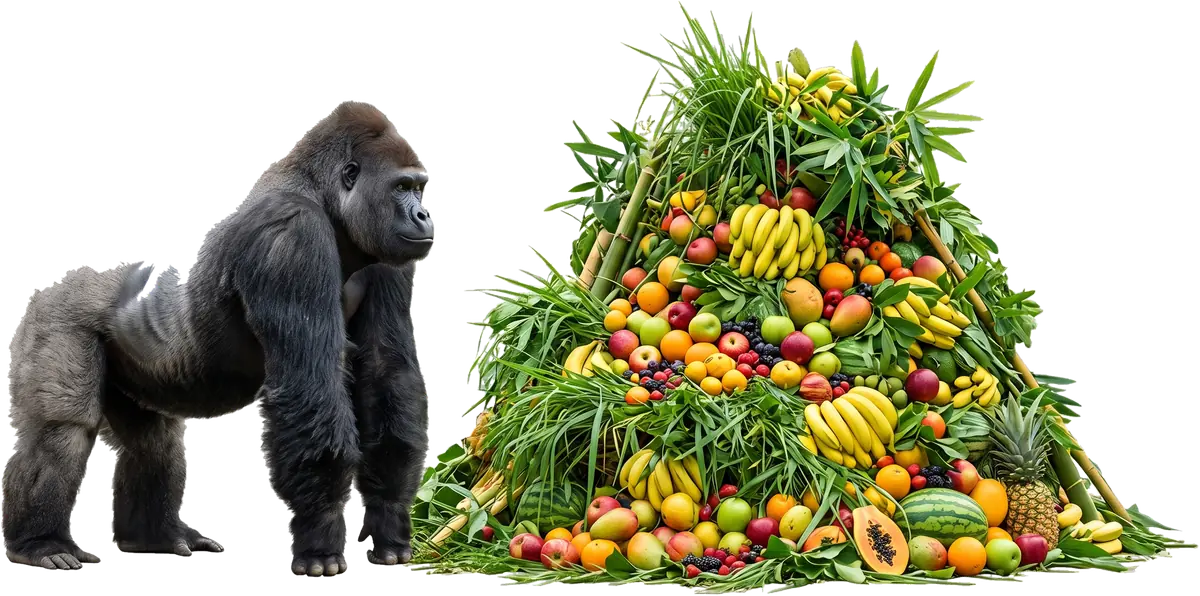 Ein Gorilla neben einem riesigen Berg aus Früchten, Blättern und Gräsern